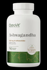 OstroVit Ashwagandha supplement bottle with 90 vegan tablets and 5.63 mg of withanolides.